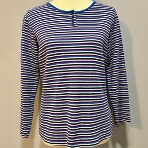 Vtg 90s Striped Ribbed Stretchy Henley Top Blue Purple Black, Women's Size M